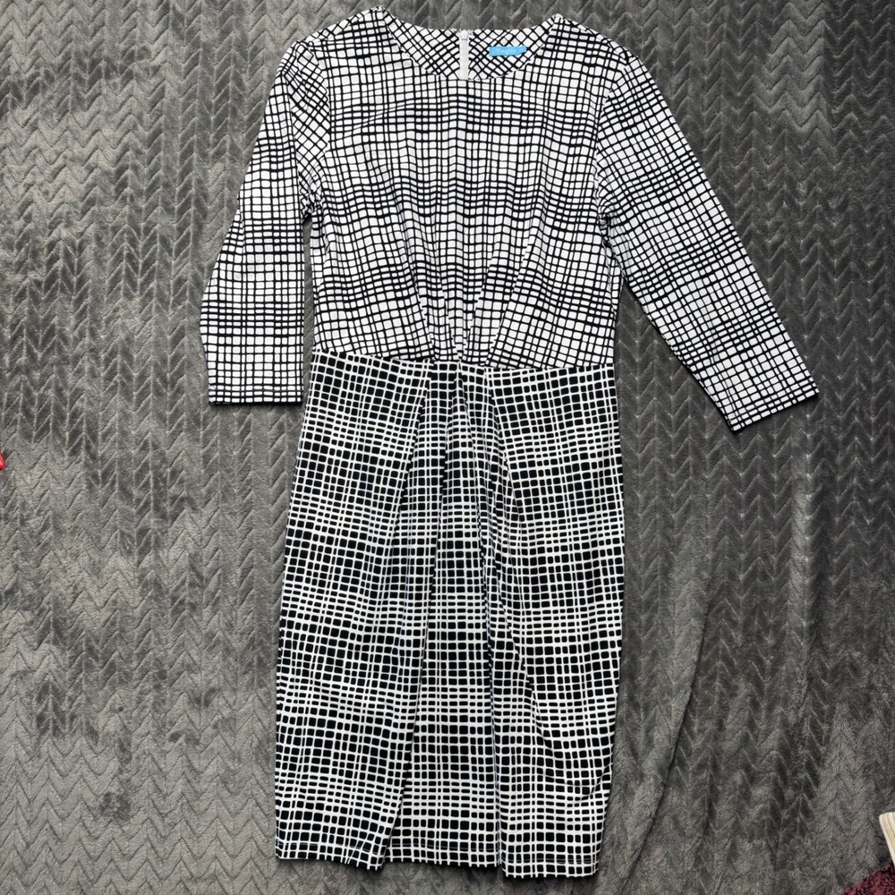 J.McLaughlin Sheath Dress S Black White Geometric Grid 3/4 Sleeve (2124)